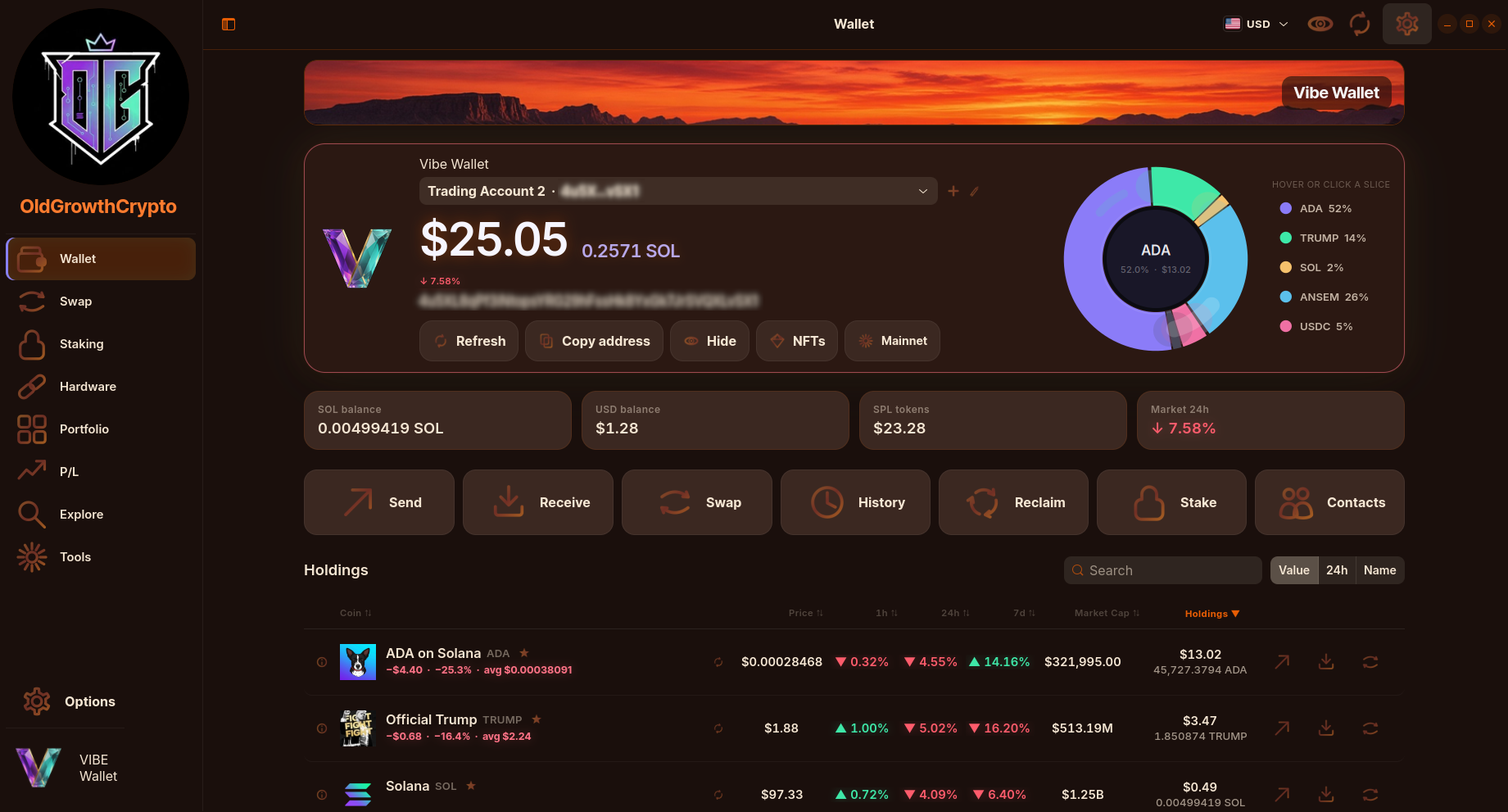 VIBE Wallet on Linux. Holdings, send, swap, stake, and the local vault